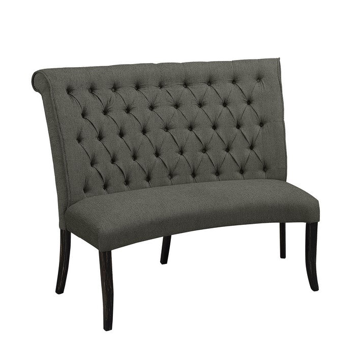 Button Tufted Fabric Upholstered Wooden Love Seat Bench, Gray and Black