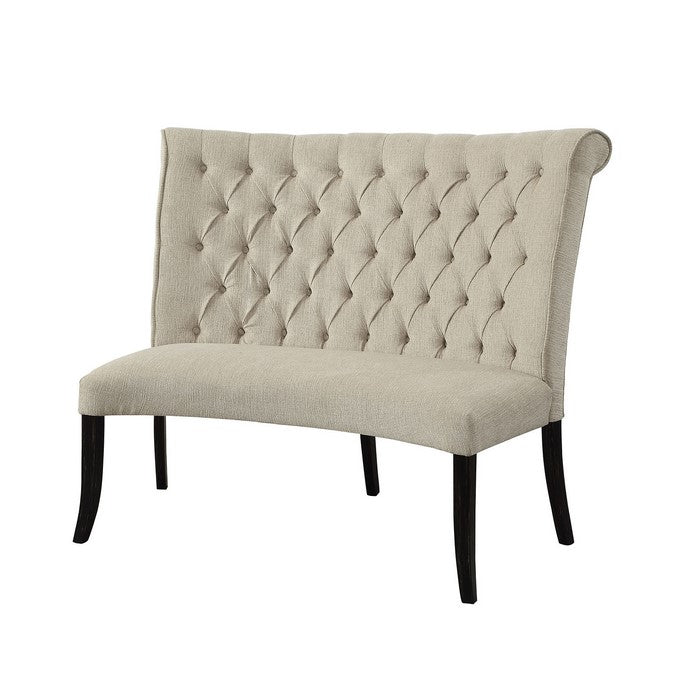 Button Tufted Fabric Upholstered Wooden Love Seat Bench, Beige and Black