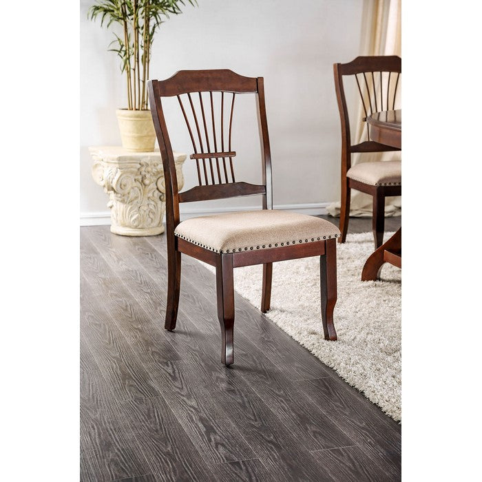 Wooden Side Chair With Beige Fabric Padded Seat, Brown, Pack Of Two