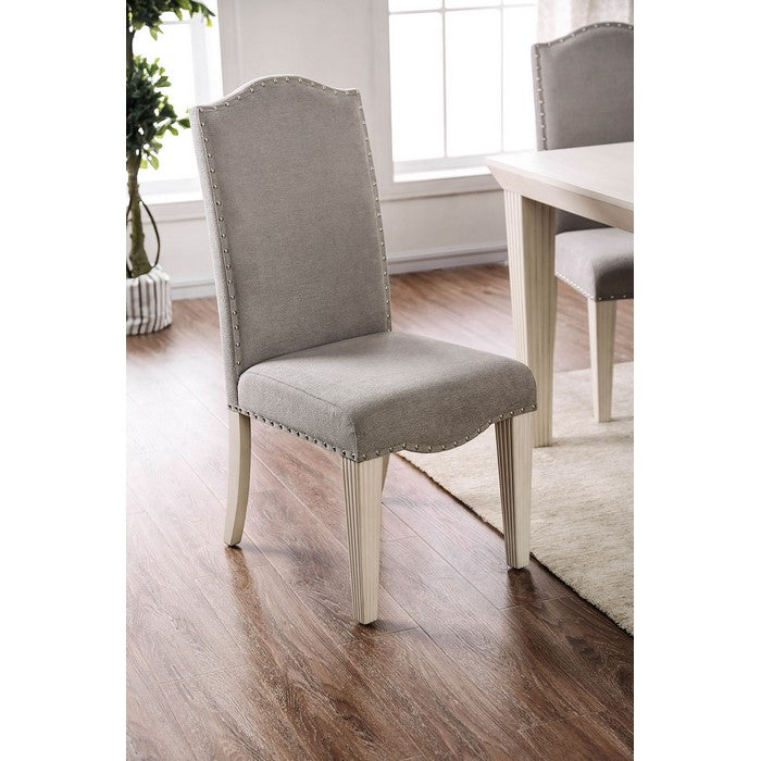 Fabric Upholstered Wooden Side Chair, White And Gray, Pack Of Two