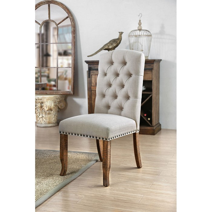 Button Tufted Fabric Upholstery Side Chair, Cream And Brown, Pack Of Two