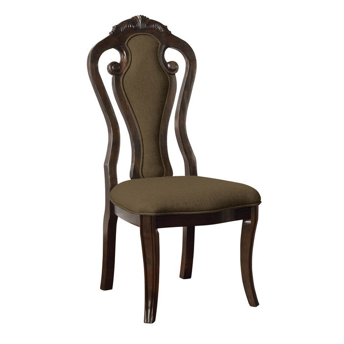 Wooden Fabric Upholstered Side Chair With Fiddle Backrest, Brown, Pack Of Two