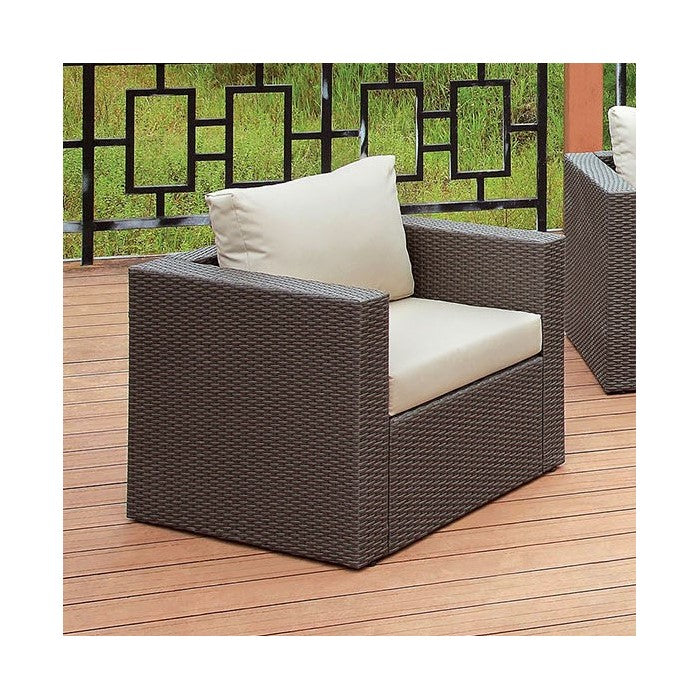 Faux Rattan Arm Chair with Seat & Back Cushions, Gray And Ivory