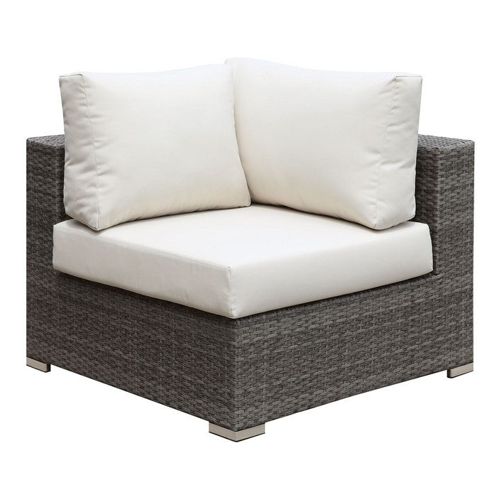 Faux Rattan Corner Chair with Seat & Back Cushions, Brown & White