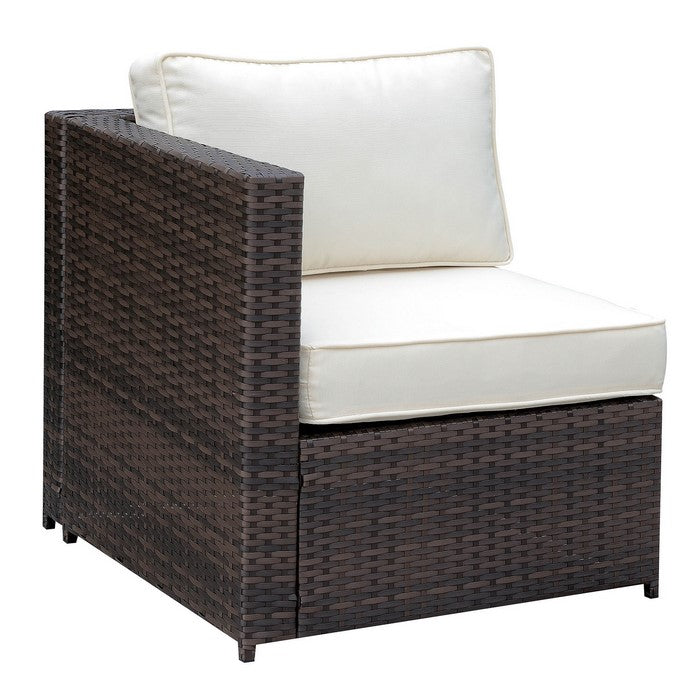 Faux Rattan Right Arm Chair with Seat & Back Cushions, Brown And Ivory