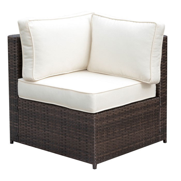 Faux Rattan Corner Chair with 1 Seat & 2 Back Cushions, Brown And Ivory