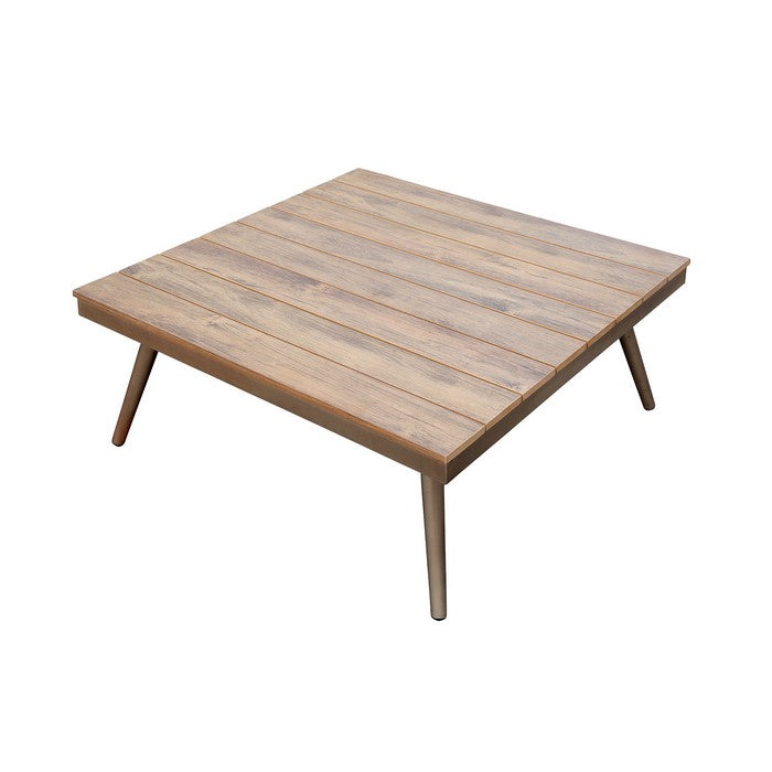 Aluminum Framed Coffee Table with Faux Wood Plank Style Top, Brown And Gold