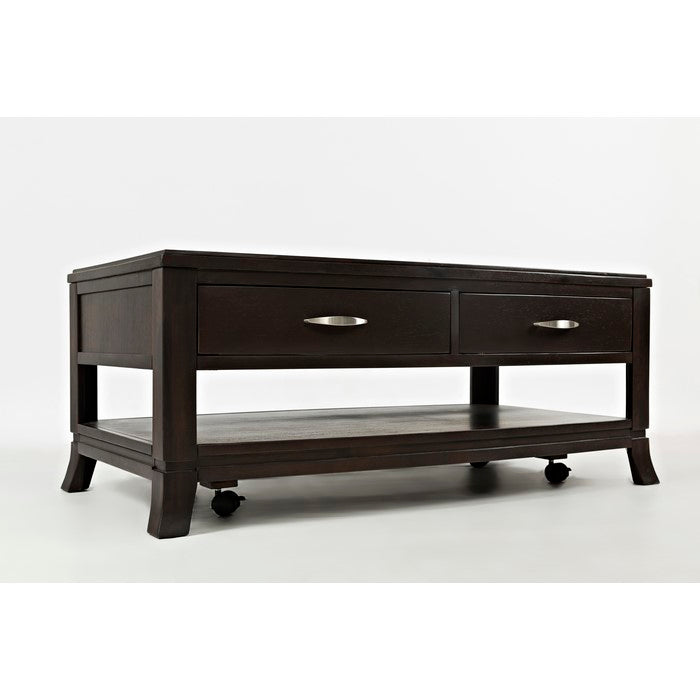 Wooden Cocktail Table With 2 Drawers & Shelf, Brown