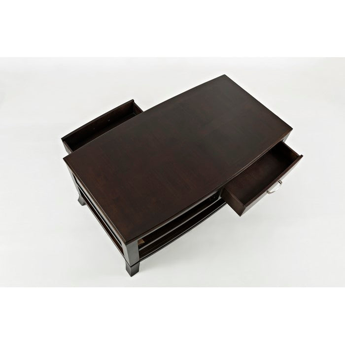 Wooden Cocktail Table With 2 Drawers & Shelf, Brown
