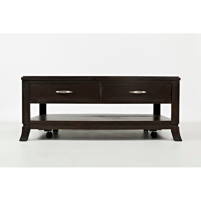 Wooden Cocktail Table With 2 Drawers & Shelf, Brown