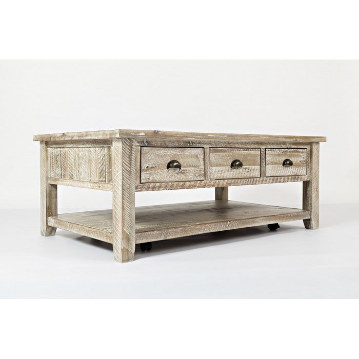 Three Drawer Cocktail Table With Open Shelf Beneath, Washed Gray