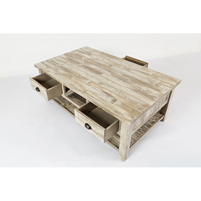 Three Drawer Cocktail Table With Open Shelf Beneath, Washed Gray