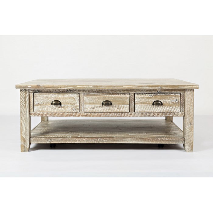 Three Drawer Cocktail Table With Open Shelf Beneath, Washed Gray