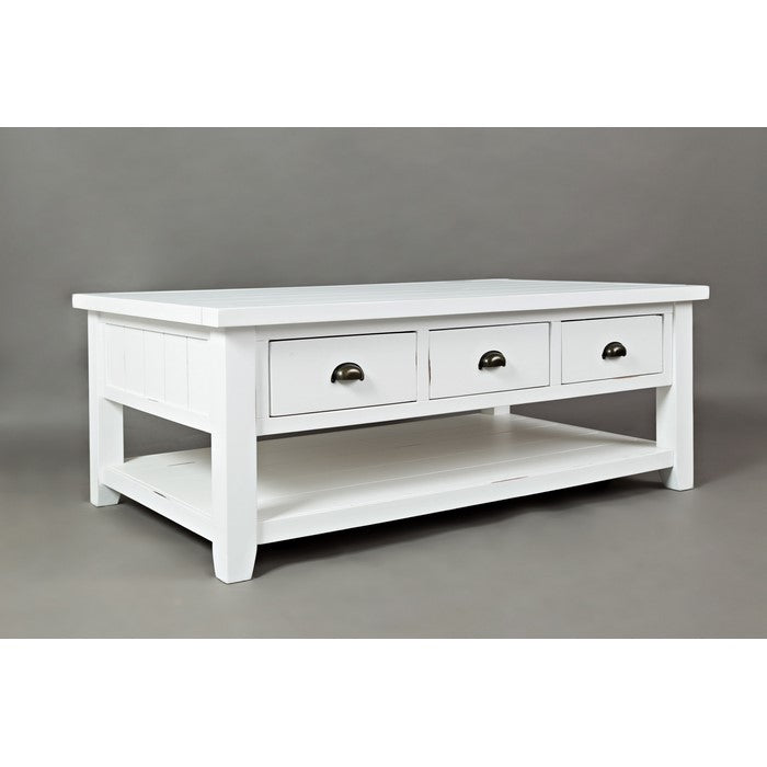 3 Drawer Cocktail Table With Open Shelf Beneath, Weathered White