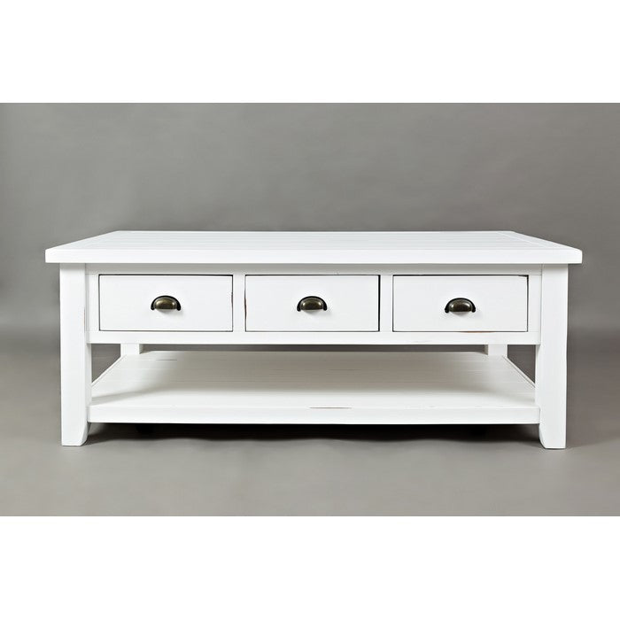 3 Drawer Cocktail Table With Open Shelf Beneath, Weathered White
