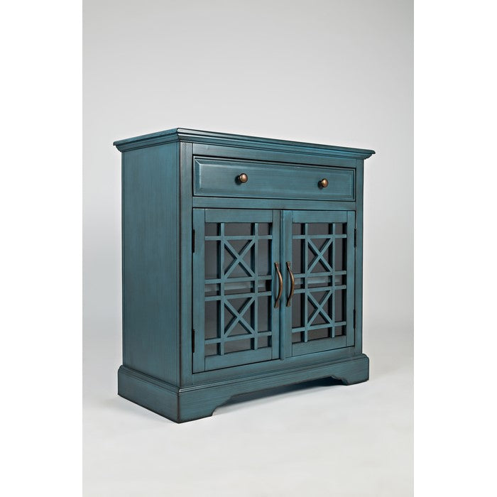 Craftman Series 32 Inch Wooden Accent Cabinet with Fretwork Glass Front, Blue