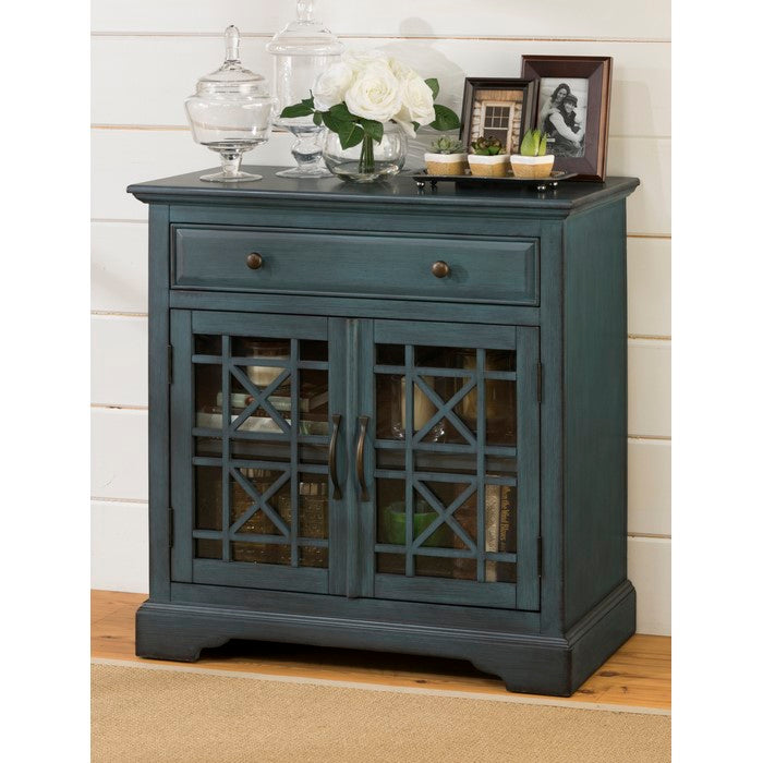 Craftman Series 32 Inch Wooden Accent Cabinet with Fretwork Glass Front, Blue