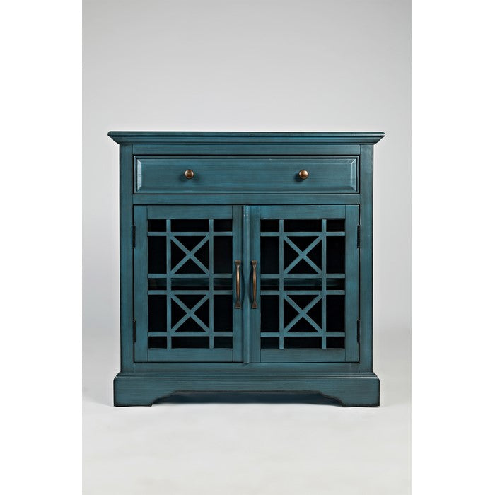 Craftman Series 32 Inch Wooden Accent Cabinet with Fretwork Glass Front, Blue