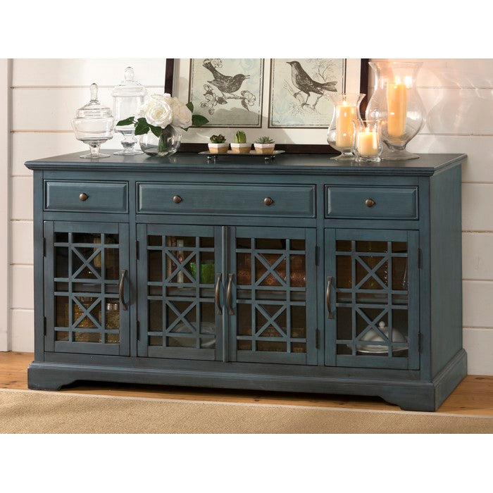 Craftman Series 60 Inch Wooden Media Unit with 3 Drawers, Antique Blue