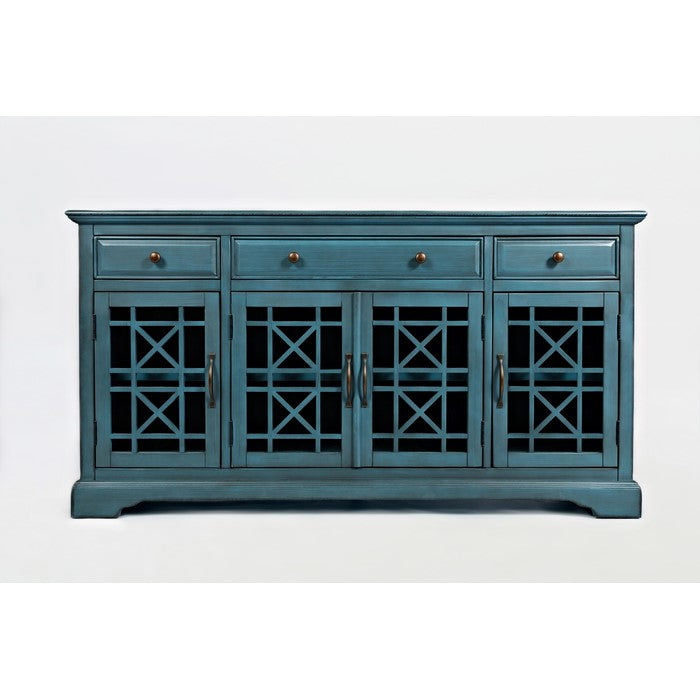 Craftman Series 60 Inch Wooden Media Unit with 3 Drawers, Antique Blue