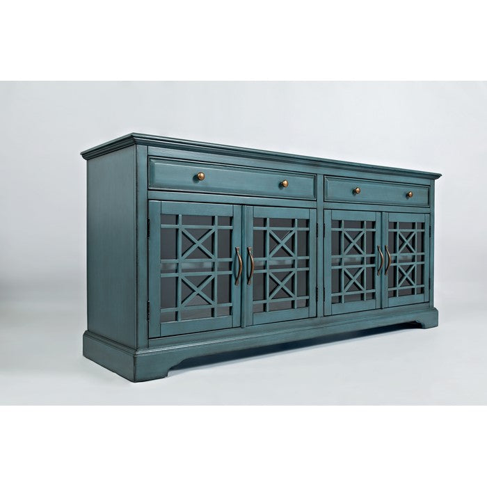 Craftman Series 70 Inch Wooden Media Unit with Fretwork Glass Front, Antique Blue