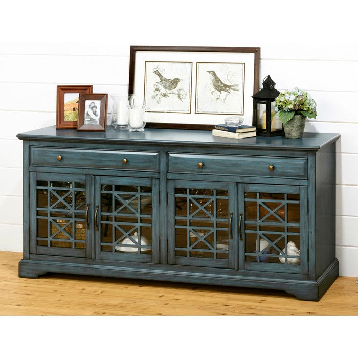Craftman Series 70 Inch Wooden Media Unit with Fretwork Glass Front, Antique Blue