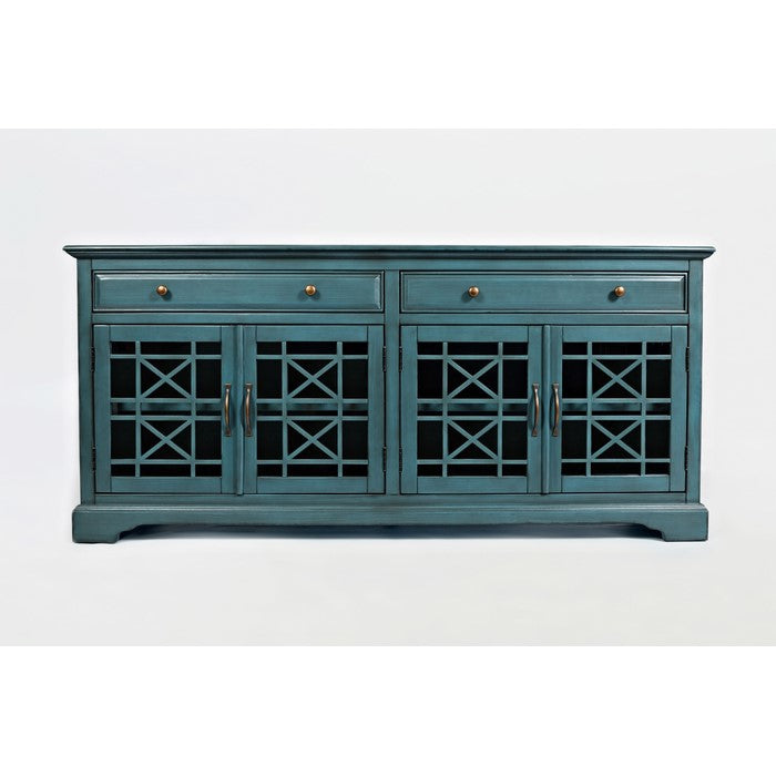 Craftman Series 70 Inch Wooden Media Unit with Fretwork Glass Front, Antique Blue