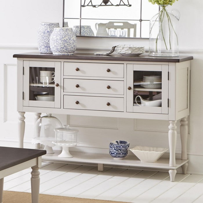Spacious Wooden Server with Turned Legs, Dark Brown &  Light Gray