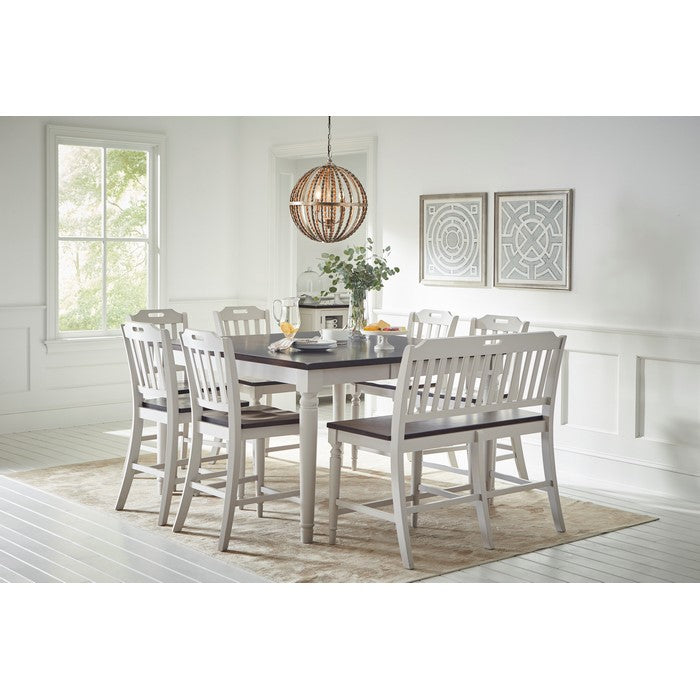 Wooden Counter Height Bench with Slat Pattern Back, Dark Brown & Light Gray