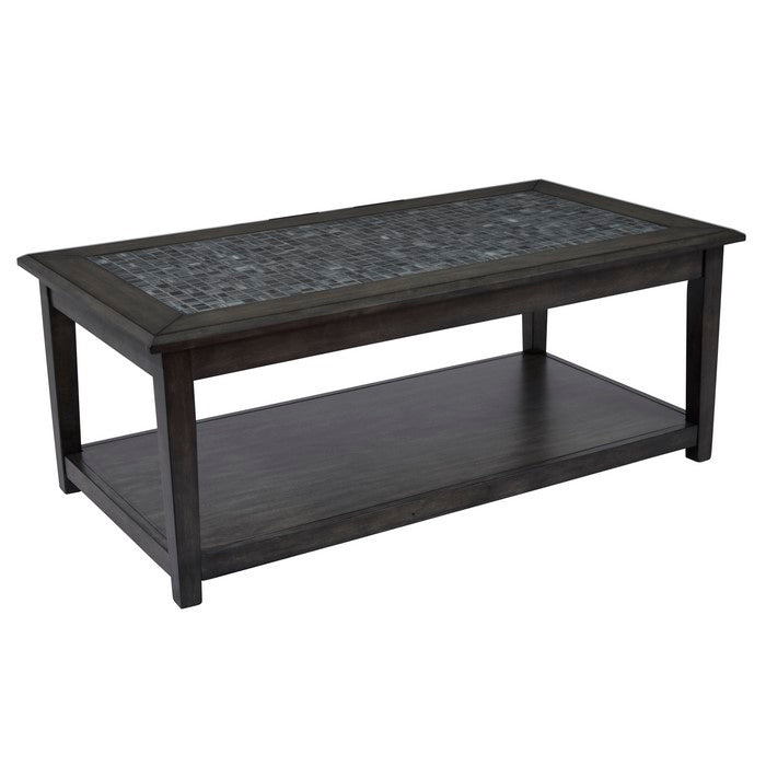 Cocktail Table With Marble Tile Inlay And Lower Shelf, Dark Gray