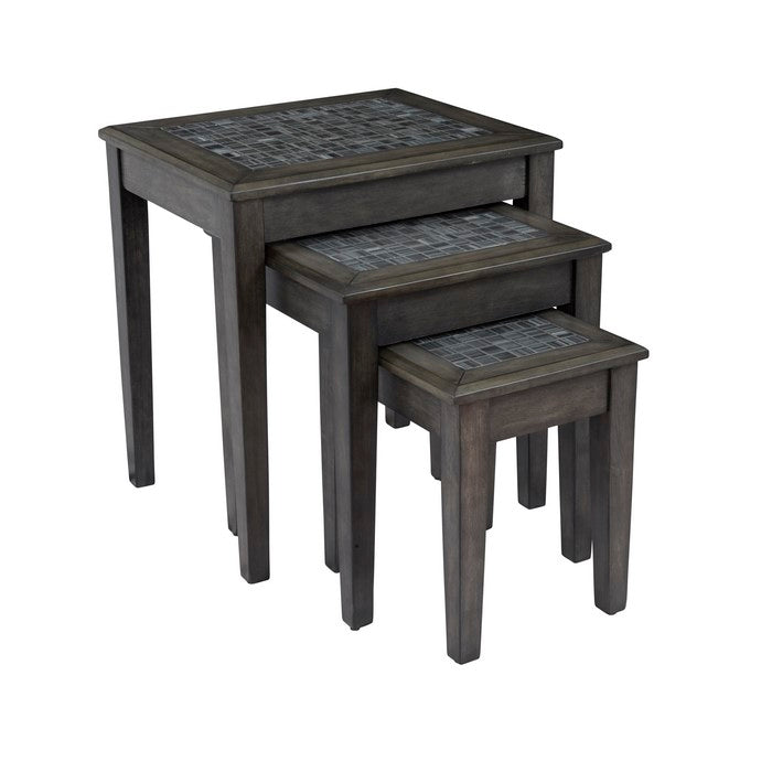 Nesting Table With Stone Marble Top In Dark Gray Finish, Set of 3