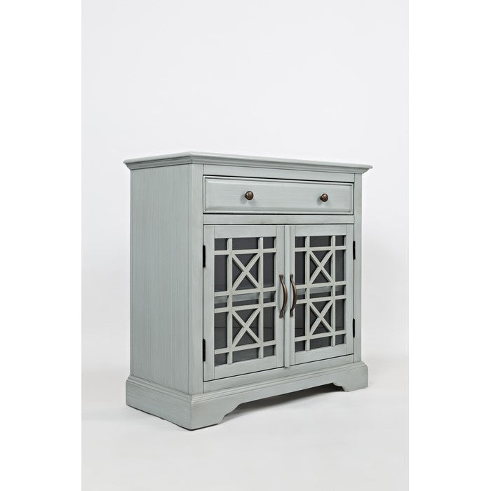 Craftman Series 32 Inch Wooden Accent Cabinet with Fretwork Glass Front, Earl Gray