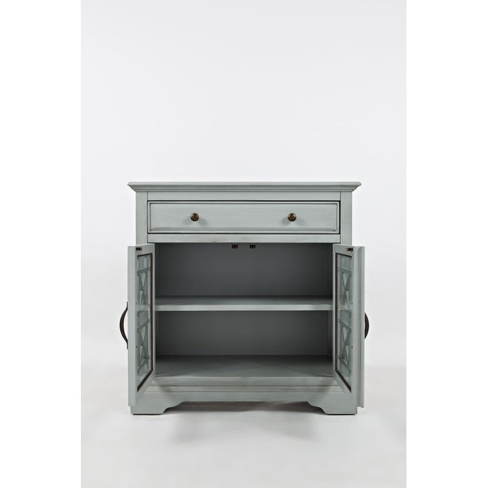 Craftman Series 32 Inch Wooden Accent Cabinet with Fretwork Glass Front, Earl Gray