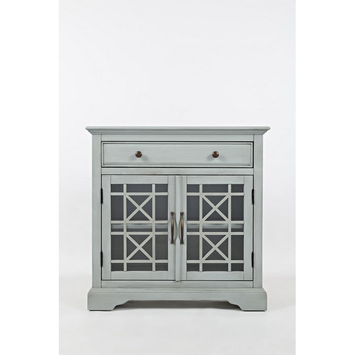 Craftman Series 32 Inch Wooden Accent Cabinet with Fretwork Glass Front, Earl Gray