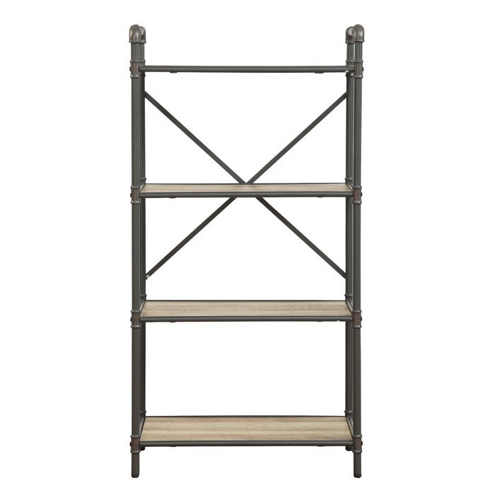 Three-Tier Metal Bookshelf With Wooden Shelves, Oak Brown & Gray