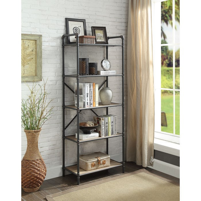 Five Tier Metal Bookshelf With Wooden Shelves and Piped Frame, Brown & Gray