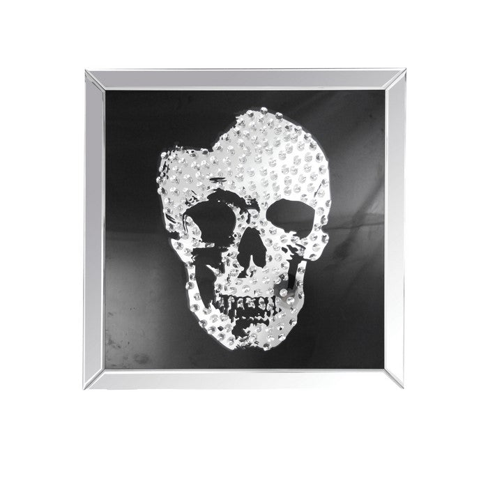 Square Mirror framed Skull Wall Decor with Crystal Inlays, Black & Silver