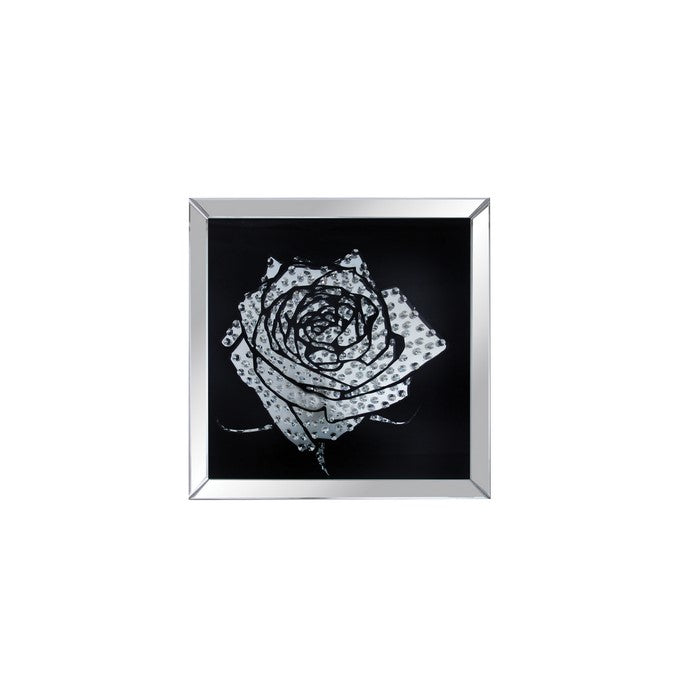 Square Mirror framed Rose Wall Decor With Crystal Inlays, Black and Silver