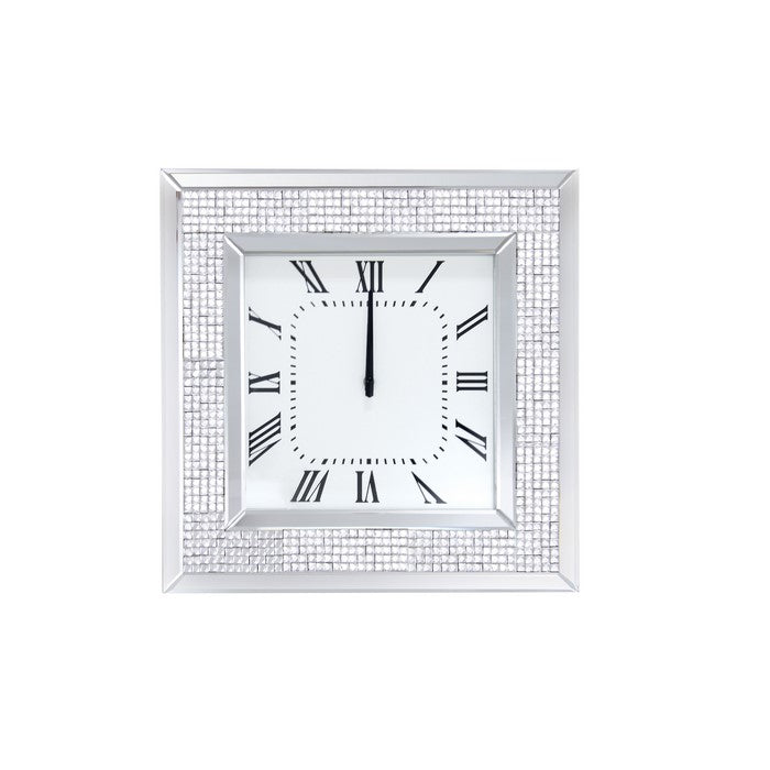Mirror Framed Wooden Analog Wall Clock With Crystal Accents, White