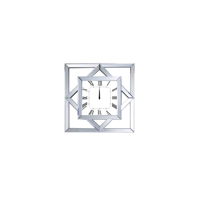 Square Shape Analog Wall Clock with Beveled Mirror Frame, Silver
