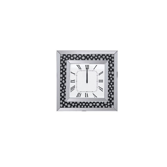 Mirrored Wall Clock with Floating Crystals Inlay, Silver and Black