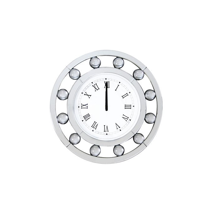 Mirrored Round Shape Wooden Wall Clock, White