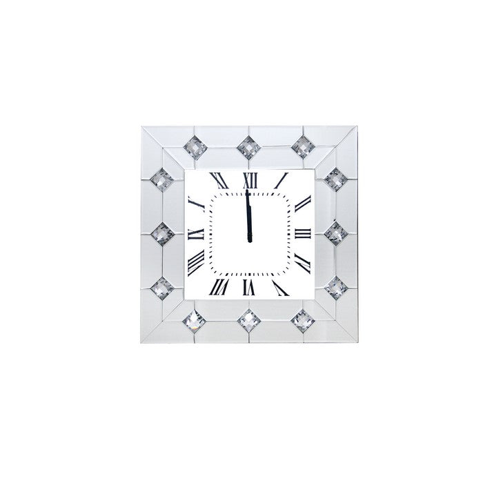 Mirrored Wall Clock with Faux Rhinestones Inlay, White