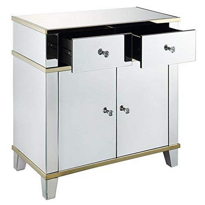 2 Drawer Mirrored Console Table with Golden Trim Accents, Silver