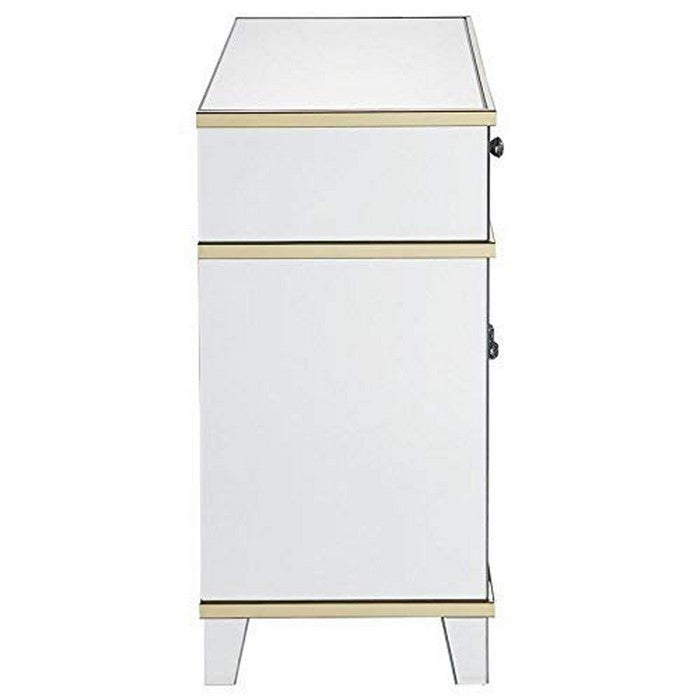 2 Drawer Mirrored Console Table with Golden Trim Accents, Silver