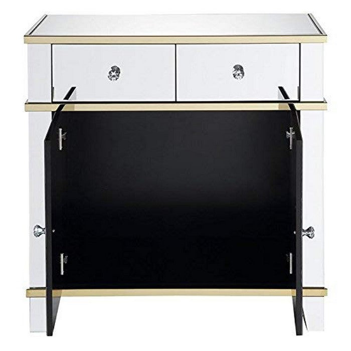 2 Drawer Mirrored Console Table with Golden Trim Accents, Silver