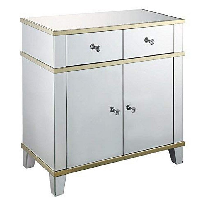 2 Drawer Mirrored Console Table with Golden Trim Accents, Silver