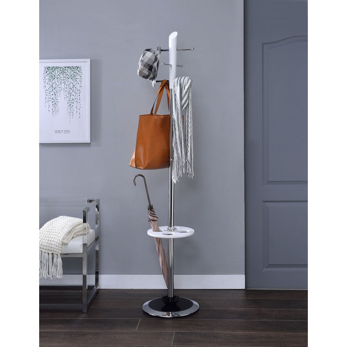 Metal Coat Rack with 6 Hooks and Tubular Support, Silver