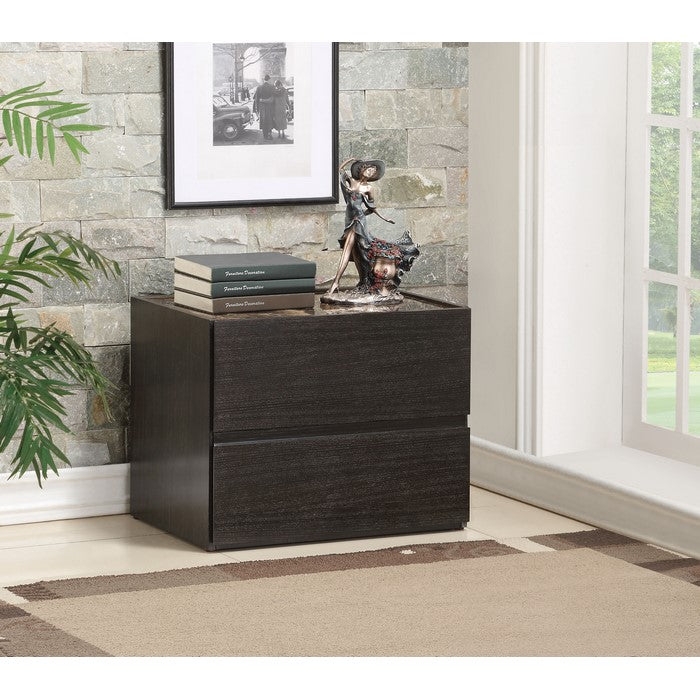 Two Drawers Wooden Nightstand with Faux Marble Top, Espresso Brown