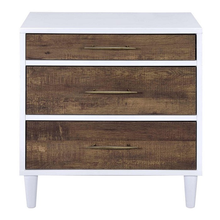3 Drawer Nightstand with Round Legs, White and Brown